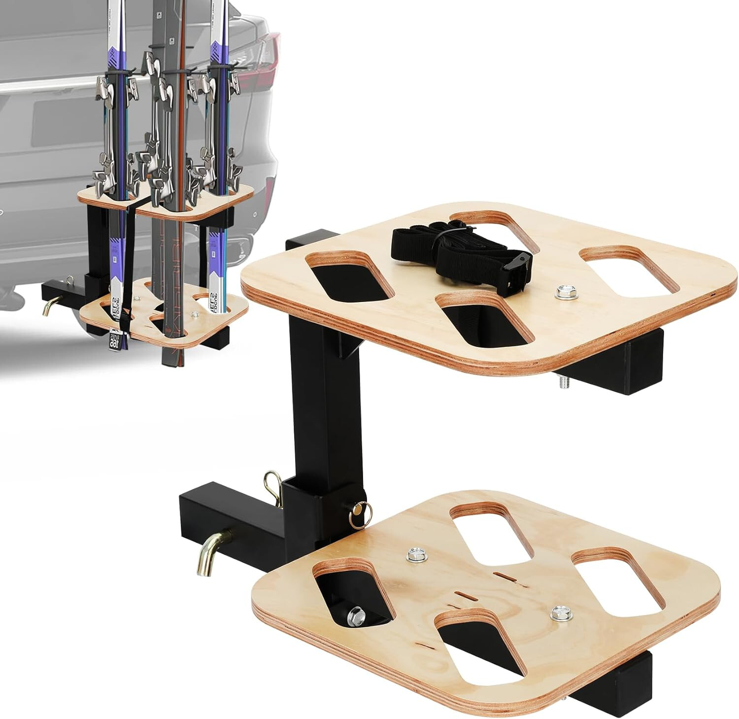 Esquí Enganche Plegable Ligero con Superficie de Madera, Accesorios de Esquí para Coche
