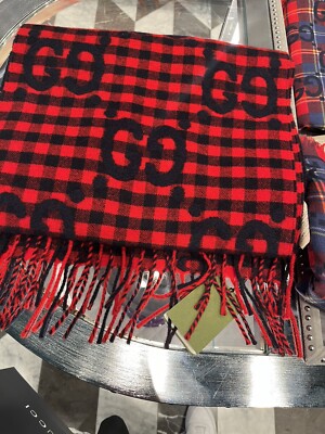 新品未使用　Gucci Orgasmique チェッカースカーフ NEW Unisex Gucci Red Blue Wool Check GG Logo Scarf | eBay