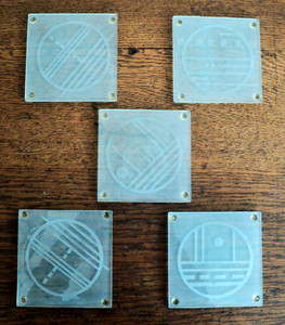 1980s PostModern SALVATORE POLIZZI Glass Artist SET of 5 ETCHED TILES / COASTERS