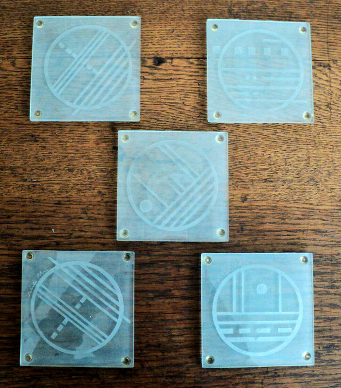 1980s PostModern SALVATORE POLIZZI Glass Artist SET of 5 ETCHED TILES / COASTERS