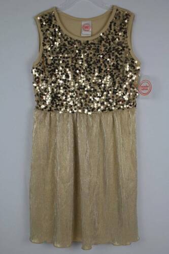 NEW Girls Sequin Pleated Dress Large 10 - 12 Gold Sleeveless Dressy Holiday