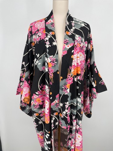 VTG Japanese kimono Duster Women's S/M 56" floral Blossoms Black Pink long print - Picture 8 of 9
