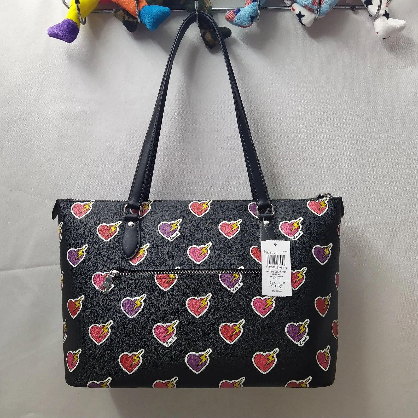 Borsa Coach Gallery in pelle nera con stampa cuore bullone doppio manico Nuova con etichetta