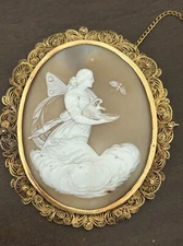 Antique Victorian Era Shell Cameo Brooch, Yellow Gold, C Clasp, Goddess Hebe