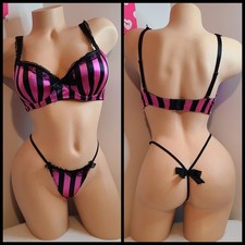 VTG Leg Avenue Silky Second Skin Satin Stripe Bra/ Panty Set Size Sm
