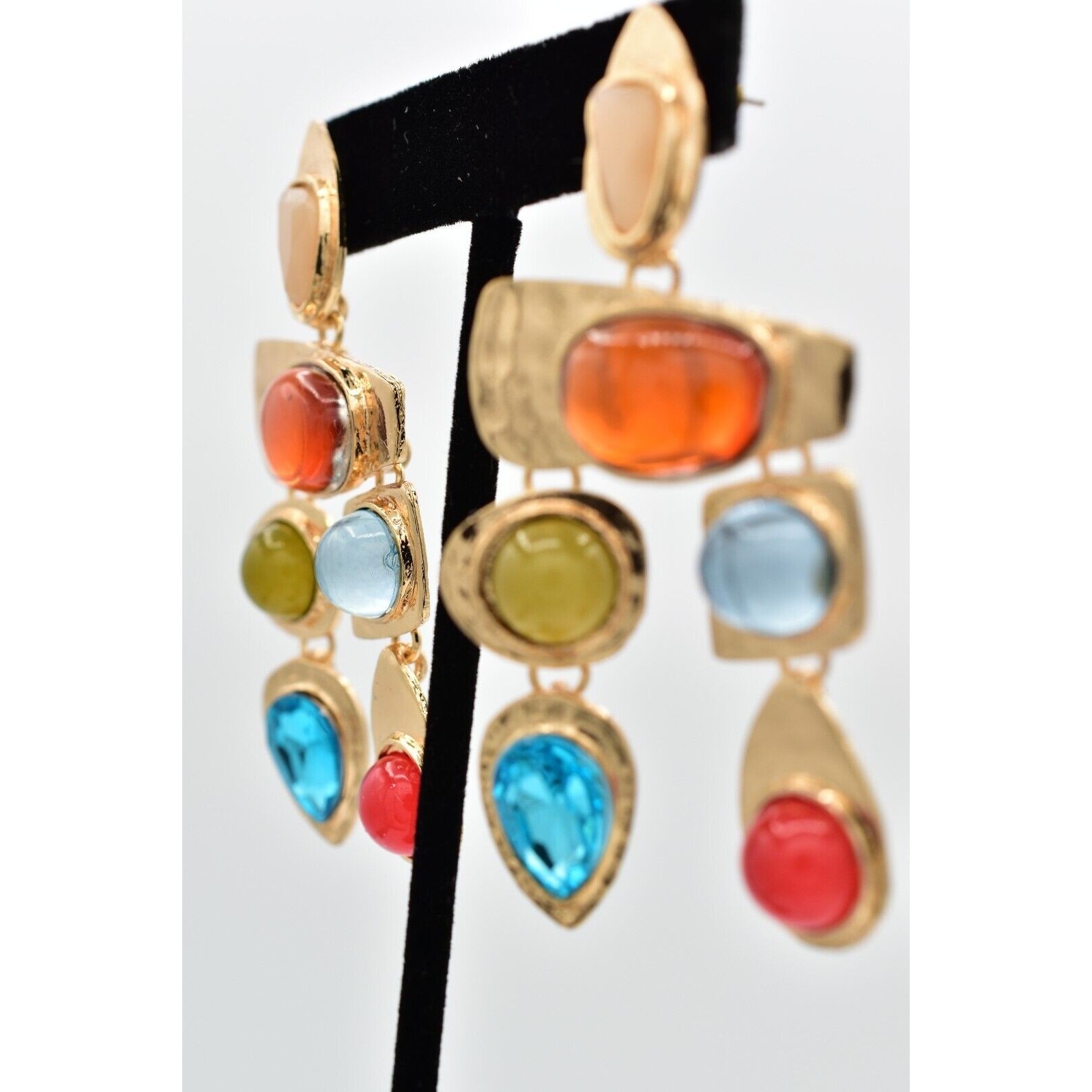 Statement Multi-Stone Drop Earrings Cabochon Crys… - image 3