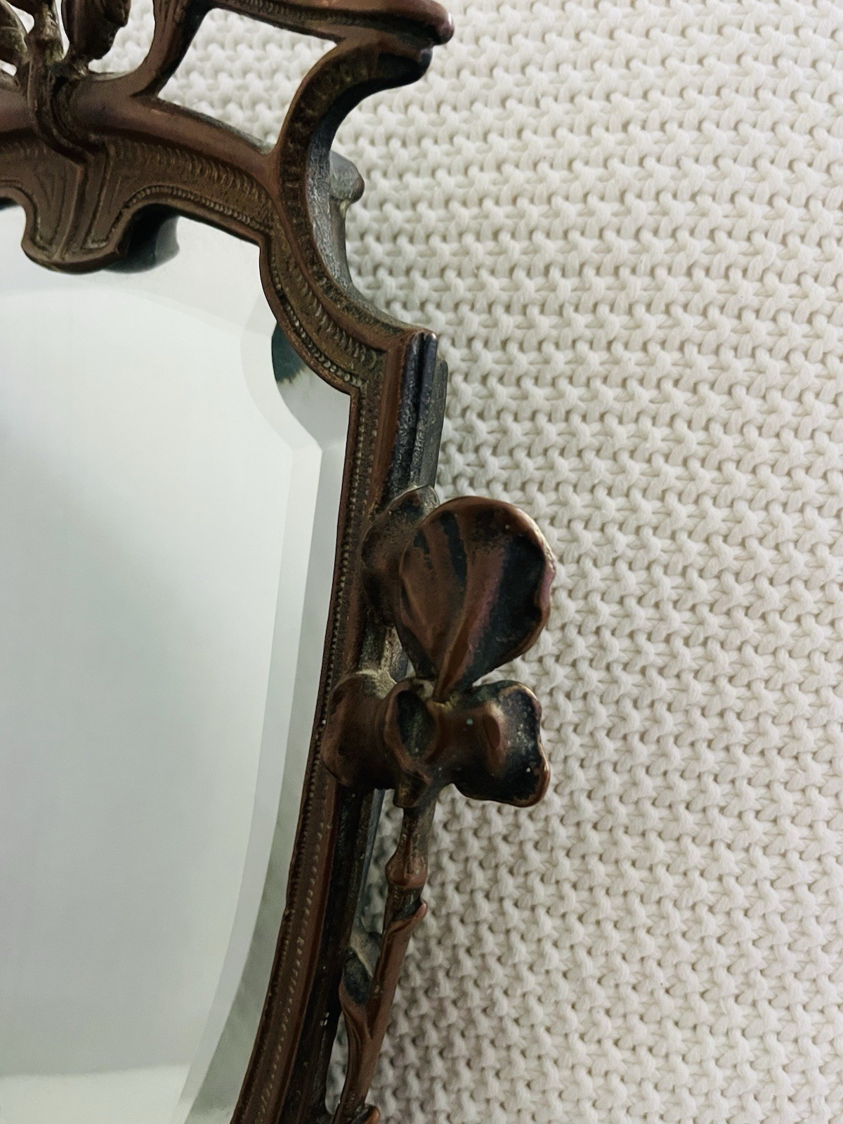 Antique Wrought Iron Art Nouveau Gilt Ornate Vanity Mirror Bronze Rose 16" H