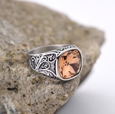 Men’s Ring Stainless Steel Silver Color Brown Gemstone Square Shape Stylist