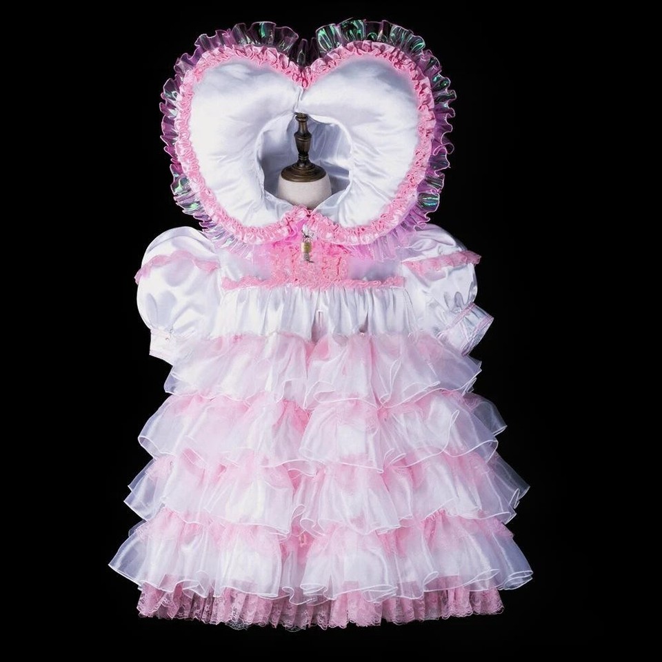 Girl Maid Sissy Lockable White satin Dress Cosplay Unisex Costumes ...