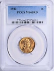 1942 Lincoln Cent PCGS MS-66 RD