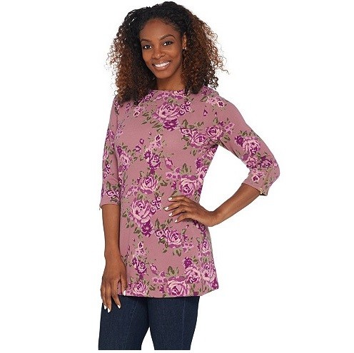 Denim & Co Purple Floral Brushed Heavenly Jersey Tunic Top Zipper Cuff New