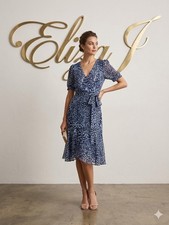Eliza J Navy Leopard Print Faux Wrap Midi Dress NWT Size 8 Wedding Guest Chic