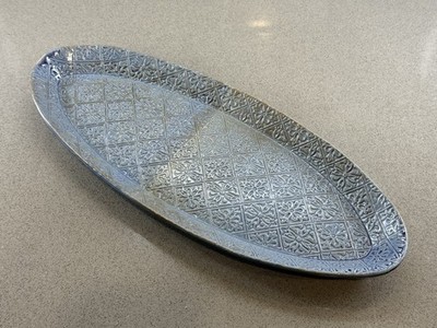 Handmade Ceramic Embossed Serving Platter Tray Blue Glaze Tile Pattern Signed