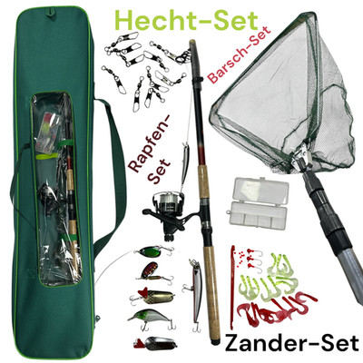 Zander Angelset 2,70m XT-2705 Spinnrute mit Rolle, Ködern, Kescher & Tasche