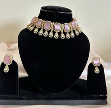 Gold Tone Pink Glass & Teardrop White Imitation Pearl Necklace Earrings Set