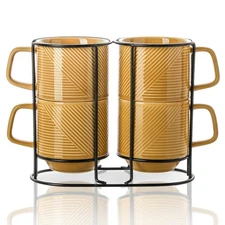 Stackable Coffee Mugs with Rack 13 oz Stacking Ceramic Cups with Stand - Porc...