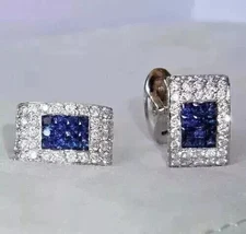 3Ct Round Lab Created Blue Sapphire Men's Fancy Cufflinks 14K White Gold Plated