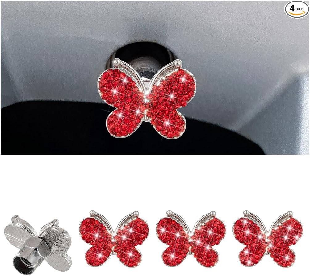 Butterfly Rhinestone Tire Valve Stem Caps, 4PCS Bling Air Cover wit Color: Red