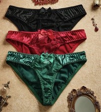 3pr Glossy Satin Lace Romantic Vtg Style Hi-Leg Bikini Panties Knickers L NEW
