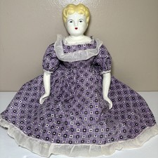 Vintage Porcelain China Head Doll Blonde Reproduction Blue Eyes Purple Dress 17
