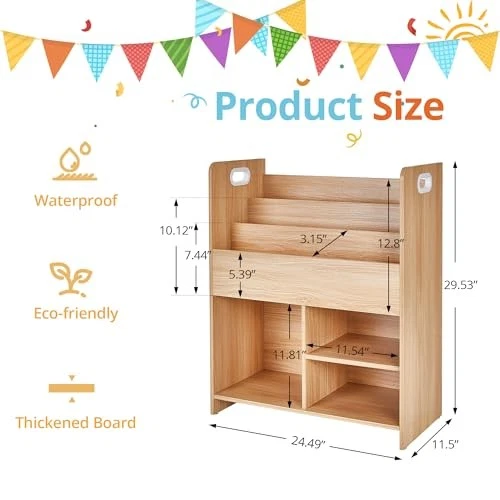  Wooden Children’s Bookshelf - Kids Book Organizer with 3-Tier Display and Teak — 第 3/4 张图片