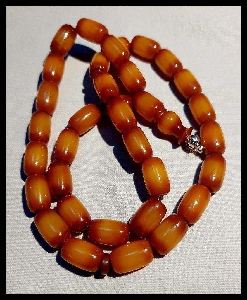 Collier Ancien En Bakélite Ambre - Perles Orange - Bijou Vintage - Occasion