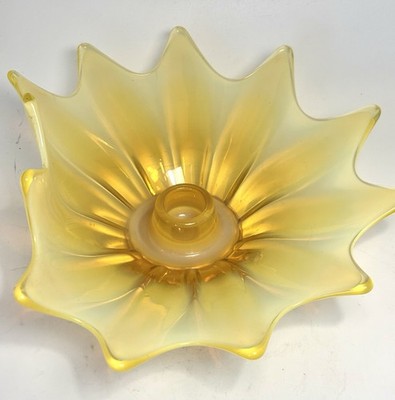 Fostoria Flora Candle Holder 9  Heirloom Sun Ray Yellow Vaseline Glows Under UV
