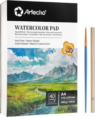 Artecho Aquarellpapier A4 Block 40 Blatt mit Aquarellpinsel und Bleistift,