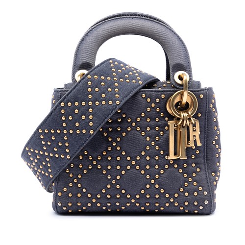 Dior Mini Denim Cannage Studded Supple Lady Pre-Loved Satchel Navy