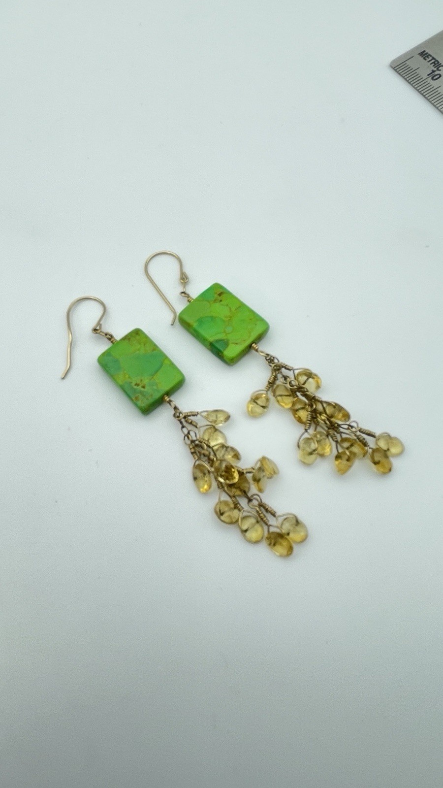 Green Stone Look Rectangle Dangle Earrings Yellow… - image 7