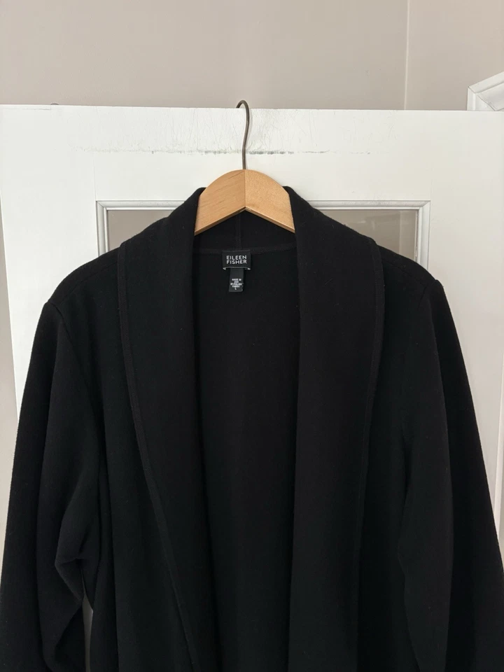 Suéter gabardina cuello chal largo lana negra EILEEN FISHER para mujer L Foto 2 de 4