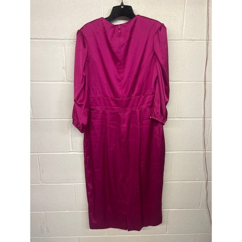 Robe midi cocktail soyeuse neuve avec étiquette Mac Duggal taille 10 rose col haut satin manches 3/4 - Photo 9 sur 10