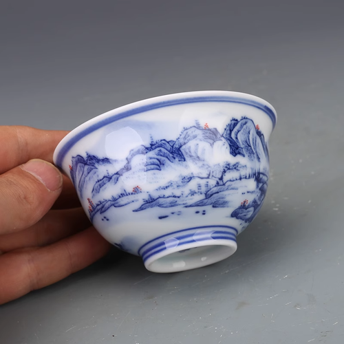 Sammlerstück Kunst Handmalerei blau & weiß Porzellan Landschaft Tasse - Bild 4 von 8