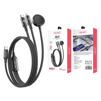 Câble De Charge 3-en-1 Ven-Dens 100W - USB-C Vers USB-C + Chargeur Apple Watch + IPhone, 1m, Nylon Noir