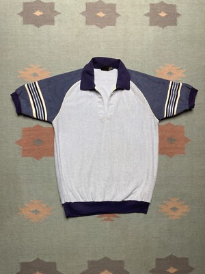 Vintage 80s polo shirt terry cloth ringer tri tone stripe soft blue medium  - Main Image