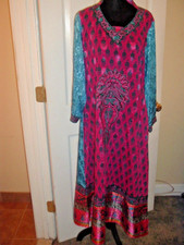 Indian Style Maxi Dress or Nightgown Multicolored Flowers, Embroidery S/M