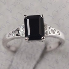 5.30ct Emerald Cut Natural Black Onyx Gemstones Diamond Ring Real 14K White Gold