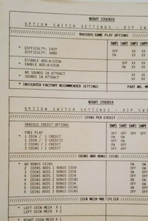 ORIGINAL BALLY SENTE NIGHT STOCKER UPRIGHT VIDEO GAME OPTION SWITCH SETTING CARD