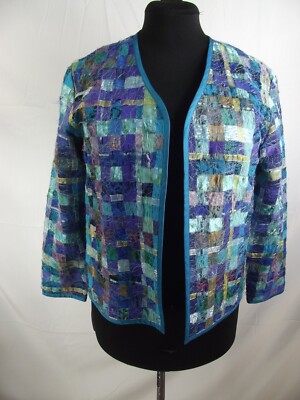 Chico's Womens 0 / S / 4 Blue Metallic Woven Ribbon Jacket Open Front ...