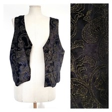 80s Vintage Black Ink Velvet Waistcoat With Glitter Gold Paisley Pattern M