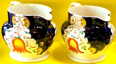 ANTIQUE VICTORIAN GAUDY WELSH TULIP BELLFLOWER COPPER LUSTRE PITCHER PAIR