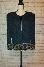 SCALA Fully Beaded Sequins Vintage Formal Jacket Top Black Gold Size PXL