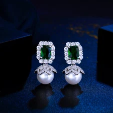 Green Square Cute Pearl Dangle Drop Earrings Silver Plated CZ Elegant for Women