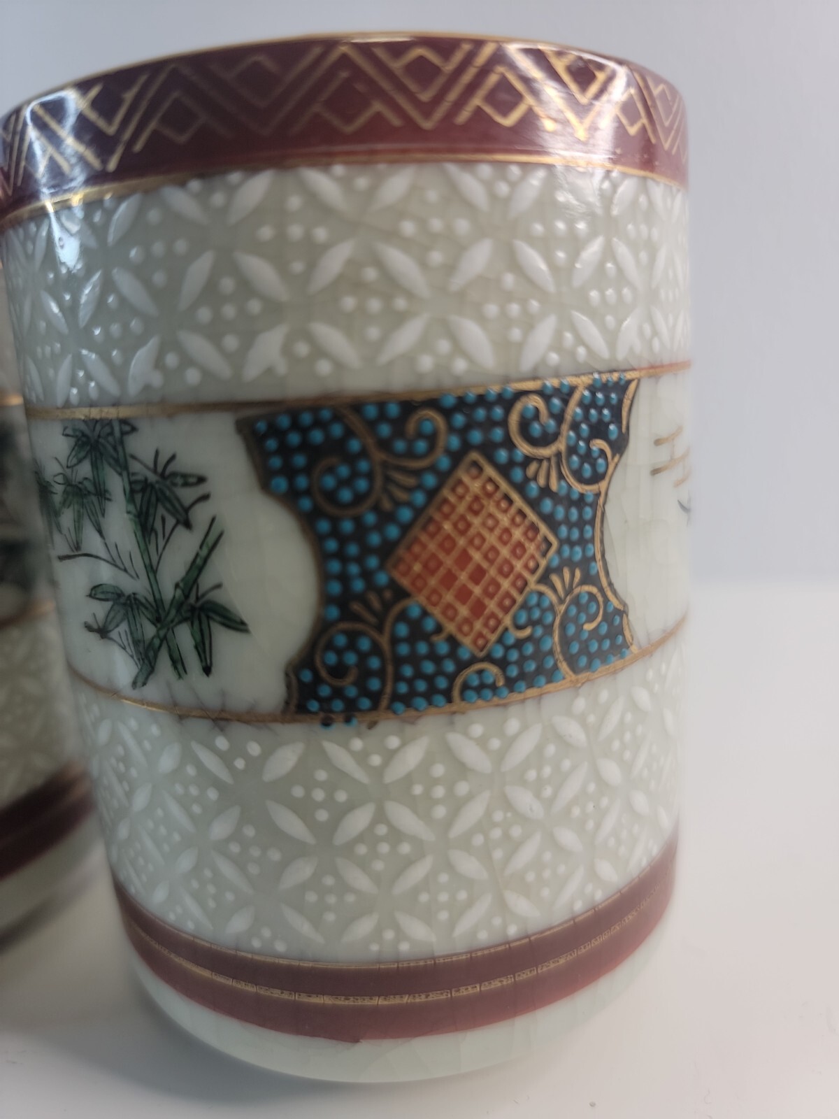 Vintage Japanese Kutani Tea Cups Bamboo Red & Gold Accent Textured