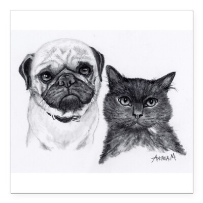 BLACK CAT PUG DOG ART  Large Pendant on 925 Silver 20'' Necklace Women Men