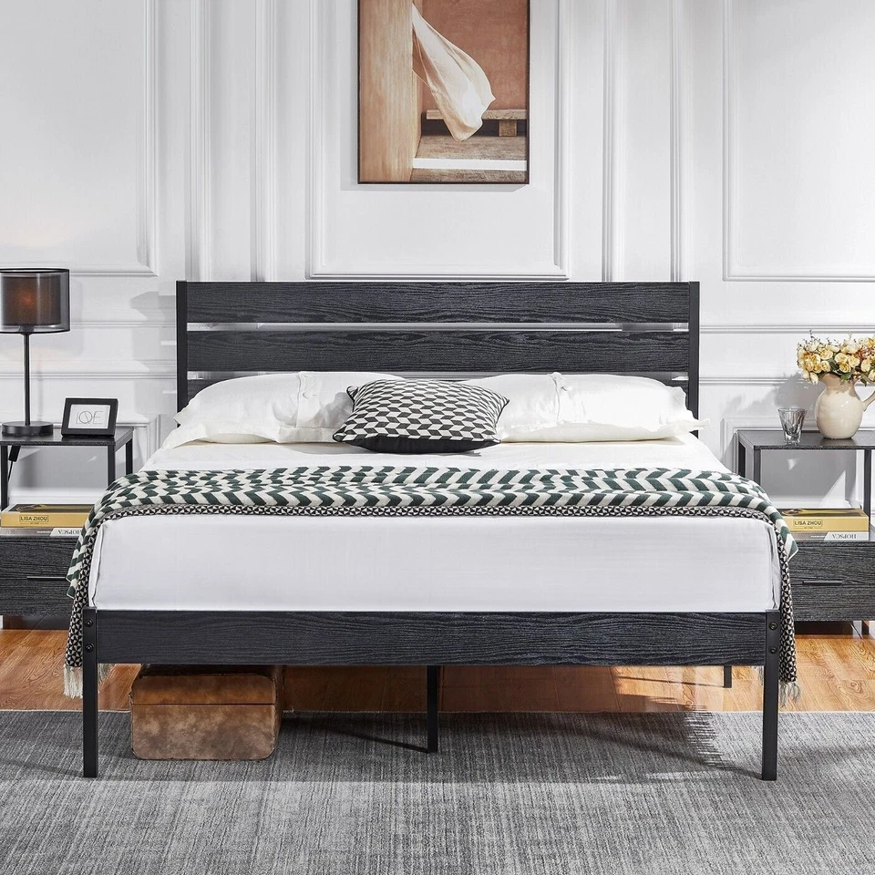 Marco de cama tamaño queen plataforma metálica de madera de alta resistencia con cabecero estribo Foto 3 de 4