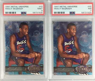 2) 1997-98 Metal Universe #42 Tracy McGrady Rookie PSA 9 & 7