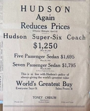 1925 newspaper ad for Hudson - Again reduces prices on Super Six, Sedans