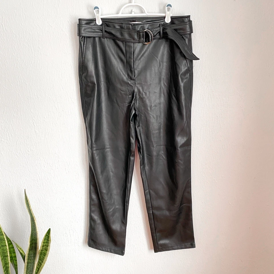 ANN TAYLOR LOFT BELTED SLIM TAPER PANTS BLACK Faux Leather Women’s 12 Belted - Image 2 of 4