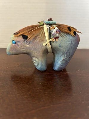 Raku Pottery Spirit Bear Fetish w Feathers & Turquoise By Jeremy Diller Signed
